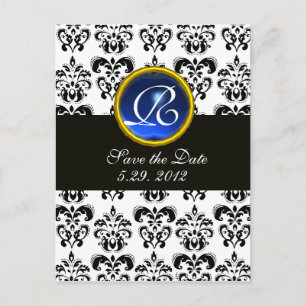 CARTE POSTALE FAIRE-PART NOIR ET BLANC DAMASK BLEU SAPPHIRE MONOGRAM