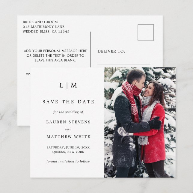 Carte Postale Faire-part Noir et Blanc simple Mariage Enregistrer la date (Devant / Derrière)