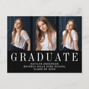 Carte Postale Faire-part Noir et blanc Trois photos minimaliste Graduation