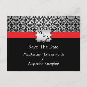 Carte Postale Faire-part Noir Rouge Argent Monogramme Damas Enregistrer La 