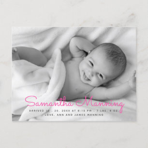 Carte Postale Faire-part Nom Annonce de naissance photo avec texte rose