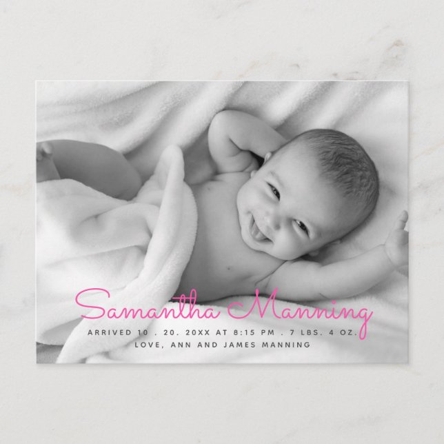 Carte Postale Faire-part Nom | Annonce de naissance photo avec texte rose (Devant)
