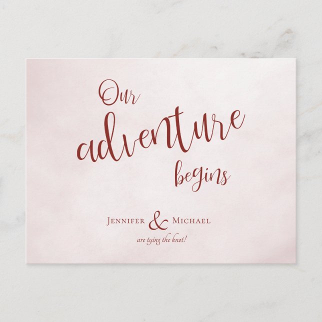 Carte Postale Faire-part Notre aventure commence maron calligraphie mariage (Devant)