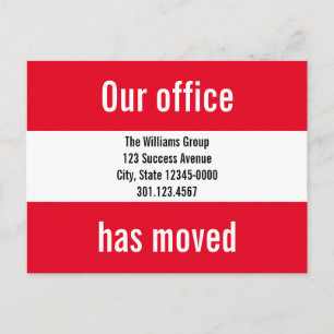 Carte Postale Faire-part Notre Bureau A Déménagé Bright Red & White Moving