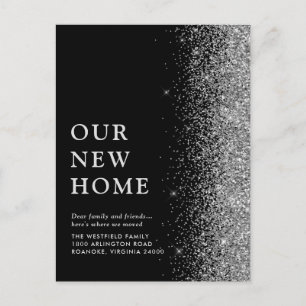Carte Postale Faire-part Notre Nouvelle Maison Élégant Argent Pailleté Noir