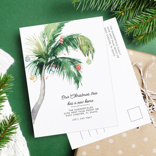 Carte Postale Faire-part Nous avons déménagé Annonce de Noël déménagement (We Moved to the Coast Palm Tree Christmas Holidays Moving Announcement Postcard)