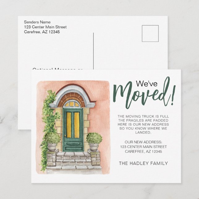 Carte Postale Faire-part Nous avons déménagé Porte Verte Aquarelle (Devant / Derrière)