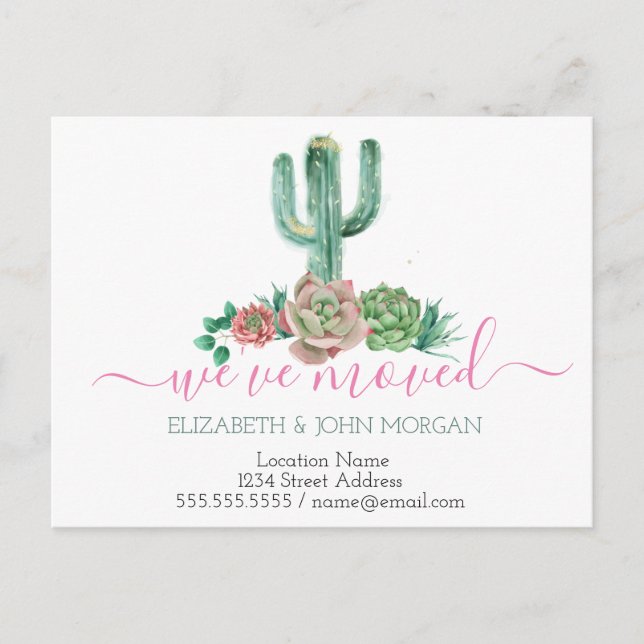 Carte Postale Faire-part Nous avons déplacé Aquarelle Cactus Succulent (Devant)