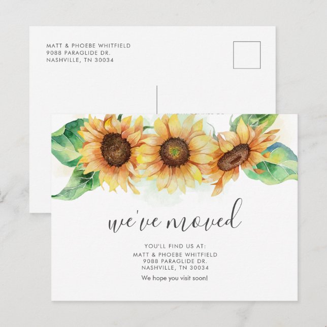 Carte Postale Faire-part Nous Avons Déplacé Aquarelle Tournesol Déplacement (Devant / Derrière)