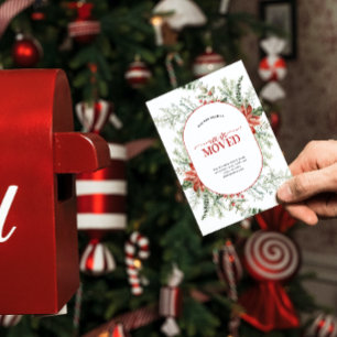 Carte Postale Faire-part Nous avons déplacé Poinsettia Berry Greenery