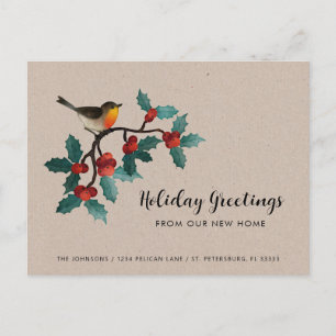 Carte Postale Faire-part Nouveau Accueil Oiseau mignon Holly Berries Noël M