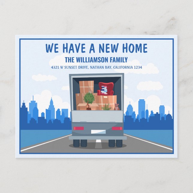 Carte Postale Faire-part Nouveau Camion et Blue Cityscape Moving (Devant)