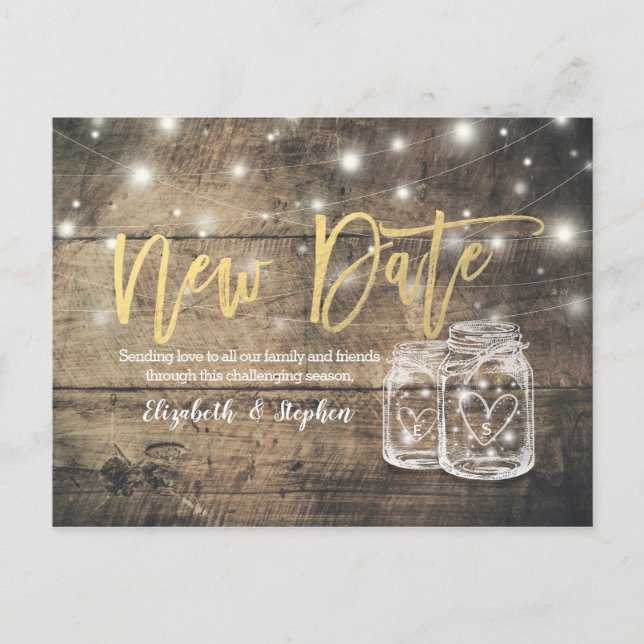 Carte Postale Faire-part Nouveau Date Mariage Postponction Mason Jar Lumièr (Devant)