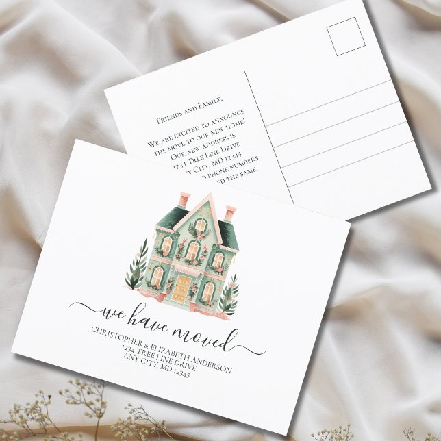 Carte Postale Faire-part Nouveau script de maison en déplacement  ({Personalized Cute Whimsical House Moving announcement postcard.)