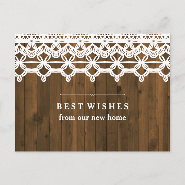 Carte Postale Faire-part Nouvelle adresse Brun Bois rustique avec dentelle  (Devant)