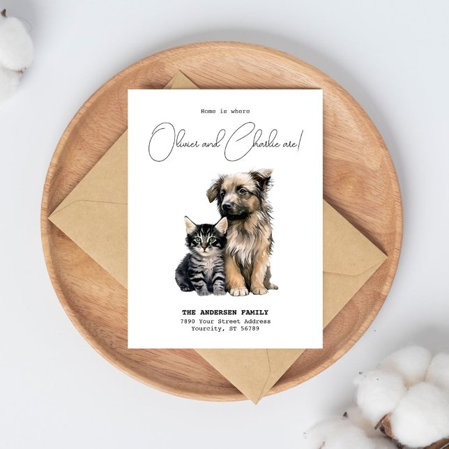 Carte Postale Faire-part Nouvelle adresse de domicile Chien Chat Aquarelle  (New Home Address Cat Dog Watercolor Moving Announcement Postcard)