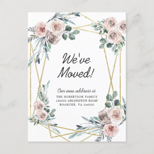 Carte Postale Faire-part Nouvelle Adresse Fleurs Rose Poussiéreux Eucalyptu