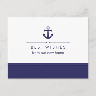 Carte Postale Faire-part Nouvelle adresse nautique Navy et blanc avec ancre