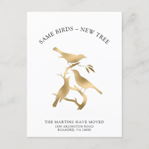 Carte Postale Faire-part Nouvelle adresse Oiseaux métalliques dorés en mouv