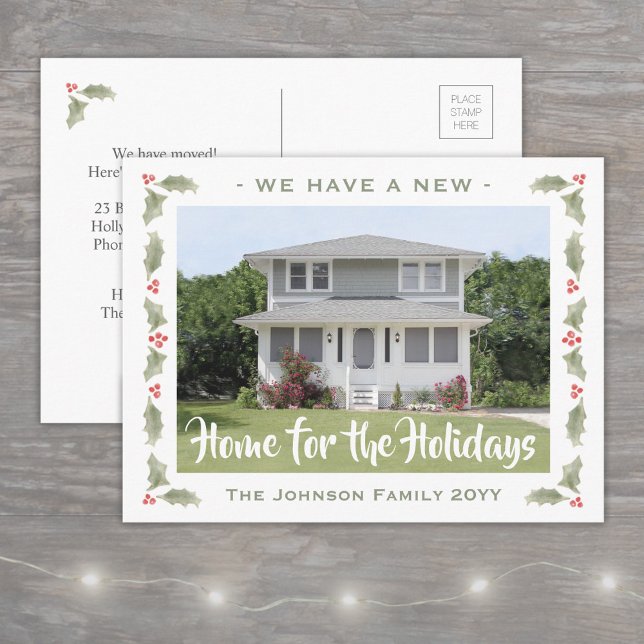 Carte Postale Faire-part Nouvelle maison Aquarelle Noël Holly 1 Photo Movin (Créateur téléchargé)