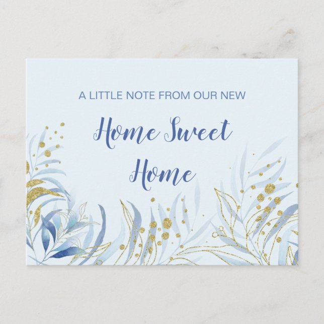 Carte Postale Faire-part Nouvelle Maison Douce Maison Aquarelle Bleue Feuil (Devant)