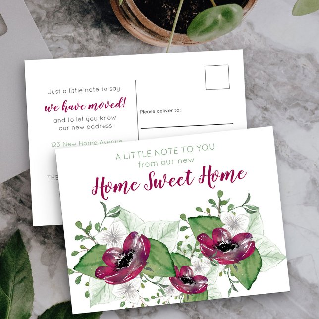 Carte Postale Faire-part Nouvelle Maison Douce Maison Aquarelle Fleurs Démé (New Address postcard from your new home sweet home)