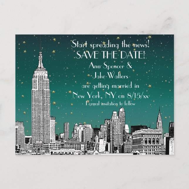 Carte Postale Faire-part NYC Skyline 01 Etched Turquoise Starry Enregistrer (Devant)