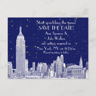 Carte Postale Faire-part NYC Skyline 01 Gravé Fond Étoilé DIY Enregistrer l