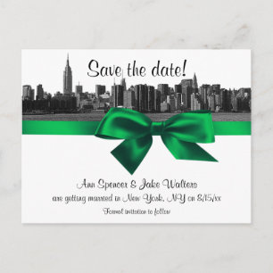Carte Postale Faire-part NYC Skyline large gravée BW vert Save the Date