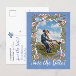 Carte Postale Faire-part Oiseau Fleur Bleu Clair Photo Mariage Date de sauv