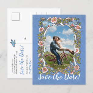 Carte Postale Faire-part Oiseau Fleur Bleu Clair Photo Mariage Date de sauv