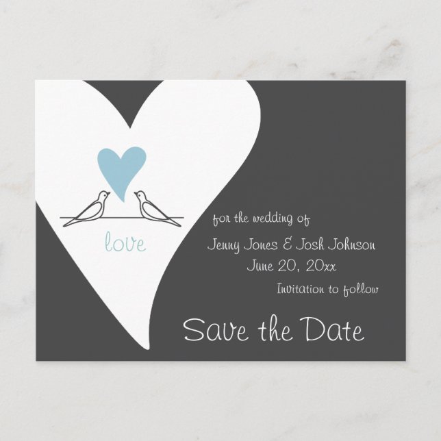 Carte Postale Faire-part Oiseaux de l'amour Cœur bleu clair Mariage Enregis (Devant)