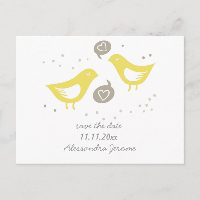 Carte Postale Faire-part oiseaux jaunes parlant d'amour std horizontal (Devant)