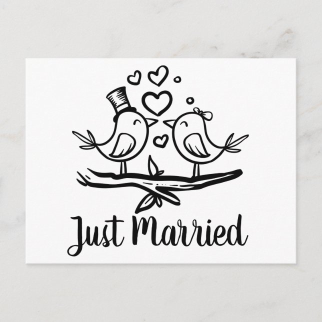 Carte Postale Faire-part Oiseaux Noir Blanc Inséparables Mariage Mariés (Devant)