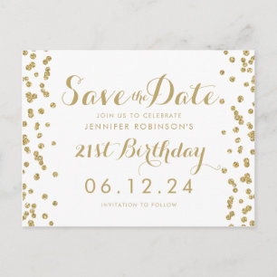 Carte Postale Faire-part Or 21e Anniversaire Sauvegarder La Date Confettis 