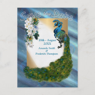 Carte Postale Faire-part Or, 2 paons, plumes sur soie vert émeraude