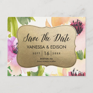 Carte Postale Faire-part Or des fleurs élégantes Enregistrer la date