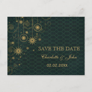 Carte Postale Faire-part or vert Snowflakes Winter save Date