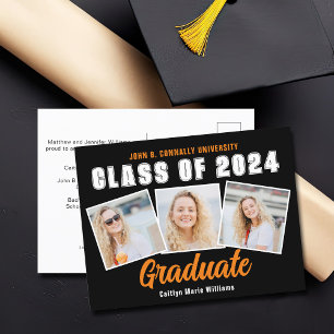 Carte Postale Faire-part Orange Black Graduate Photo Collage Graduate