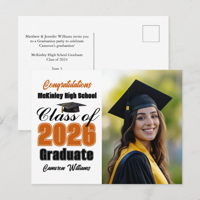 Carte Postale Faire-part Orange Class of 2026 Graduate Photo Graduation (Devant / Derrière)