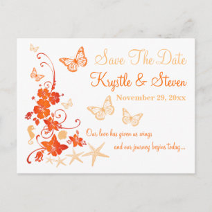 Carte Postale Faire-part Orange White Tropical Beach Enregistrer la date Ca