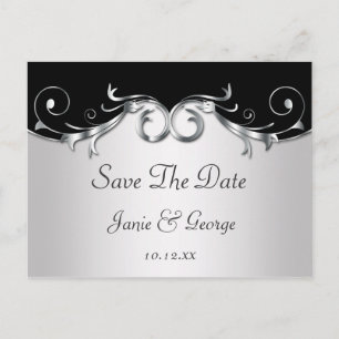 Carte Postale Faire-part Ornat Black and Silver Swirls Enregistrer la date
