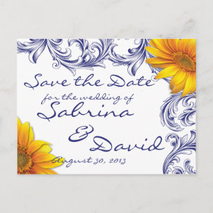 Carte Postale Faire-part Ornate Royal Blue Yellow Sunflower Enregistrer la 