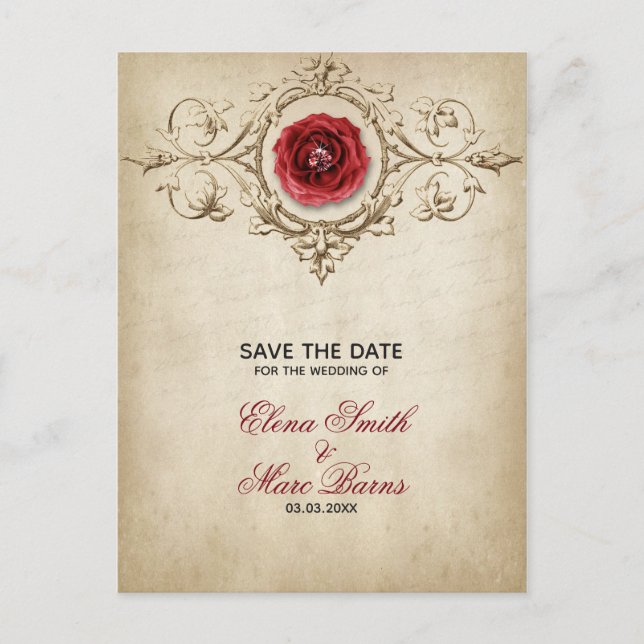 Carte Postale Faire-part Ornement beige et rose rouge (Devant)