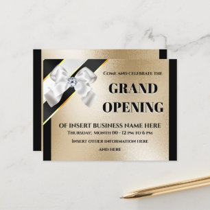 Carte Postale Faire-part Ouverture d'entreprise ruban blanc or noir VIP