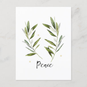 Carte Postale Faire-part PAIX, feuille d'olivier, Noël, Fêtes, aquarelle,