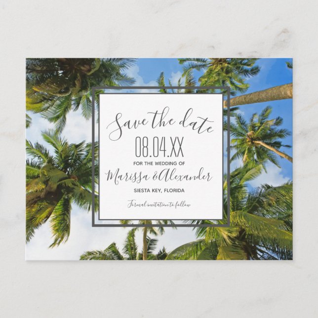 Carte Postale Faire-part Palm Tree Beach Mariage tropical Sauvez les dates (Devant)