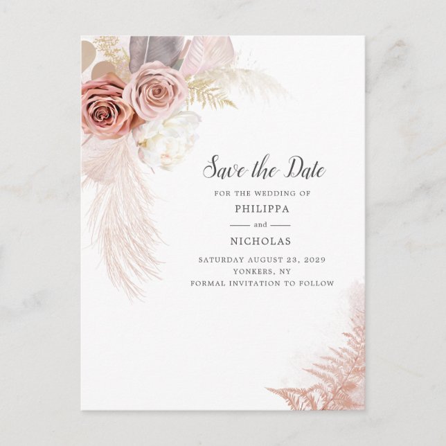 Carte Postale Faire-part Pampas Grass Floral Script Enregistrer La Date (Devant)