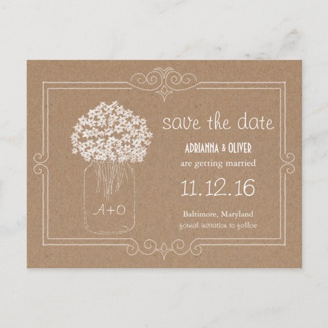 Carte Postale Faire-part Papier Kraft Mason Fleurs Jar Enregistrer La Date (Devant)