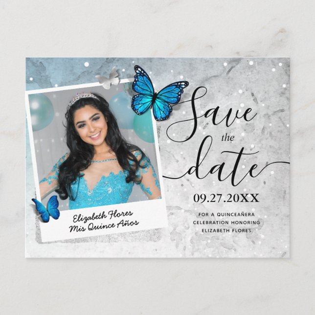 Carte Postale Faire-part Papillon Bleu Quinceanera Photo Enregistrez la dat (Devant)